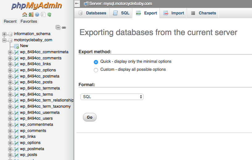 Dreamhost's phpMyAdmin export page